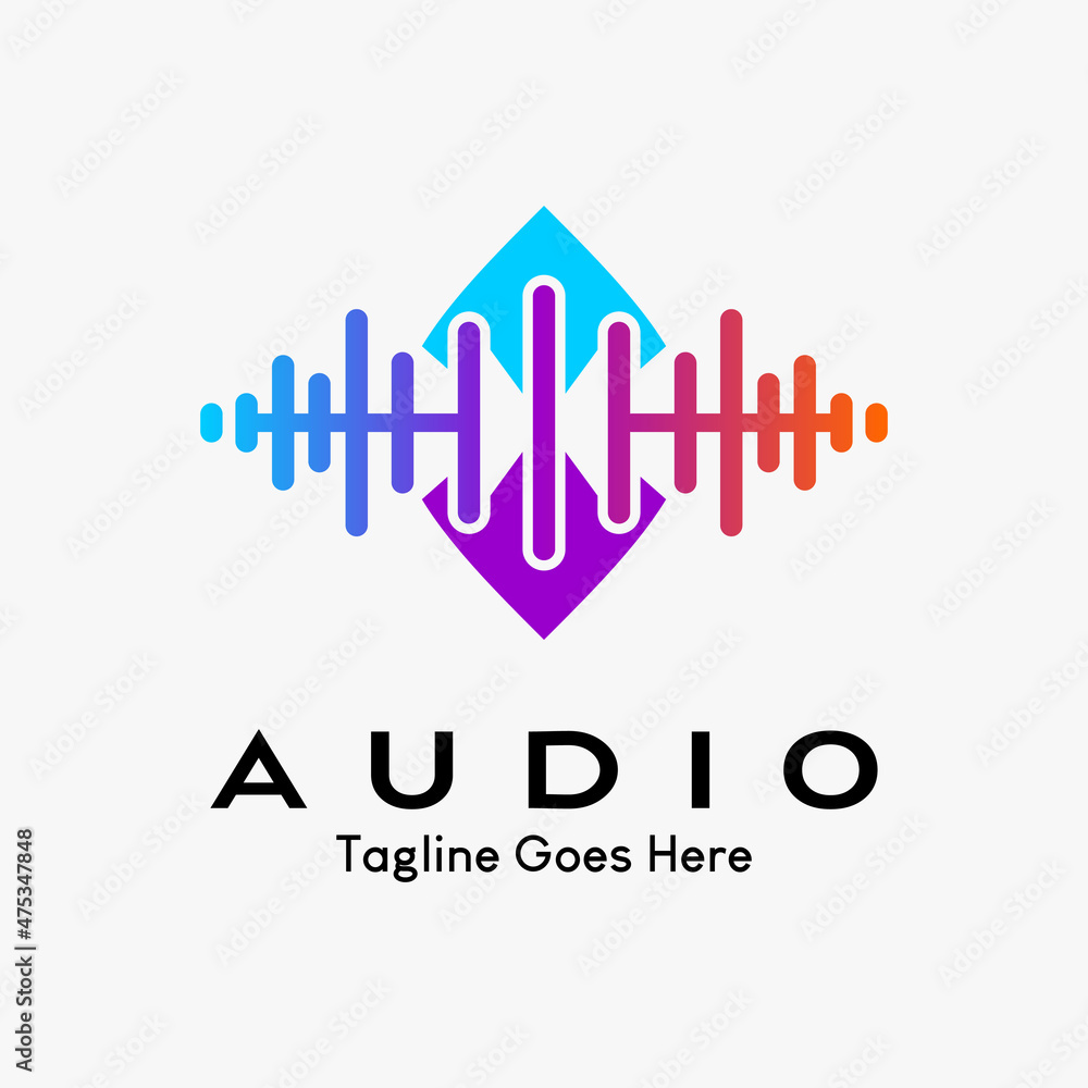 wave and button iocn. wave element. electronic music logo template, equalizer, shop, DJ music, nightclub, disco. audio wave logo concept, multimedia technology themed, abstract shape