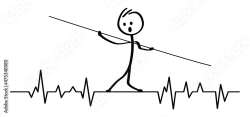 Stickman walk on heartbeat line. Stick figure man walking on a thin wire or highliner. Tightrope walker balancing for good or bad life. Pulse trace. EKG and Cardio symbol. Healthy and Medical concept.