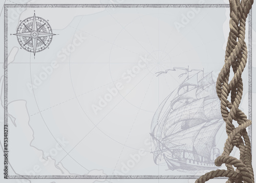 Vintage background with twisted rope, hand-drawn sailing ship, wind rose sign and place for text. Vector illustration on a travel theme. Suitable for banner, label, business card, certificate, diploma
