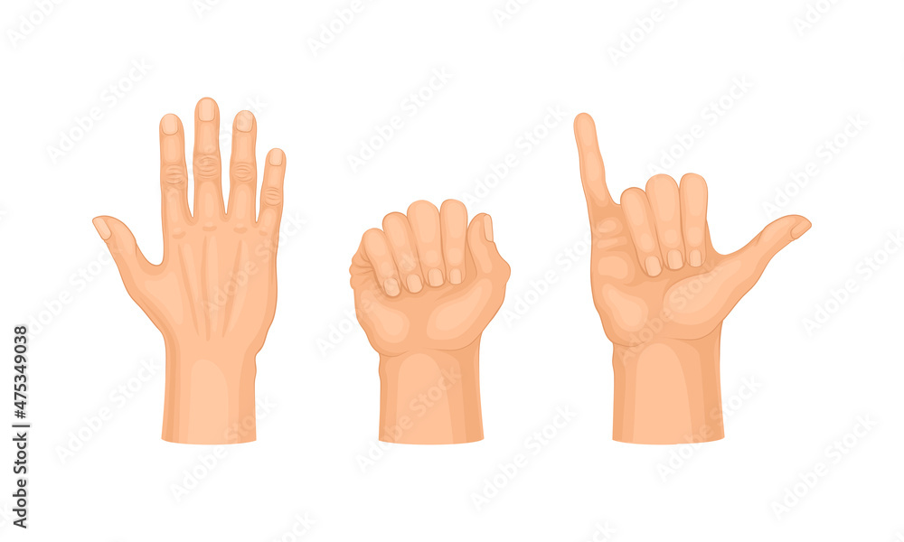 Various hand gestures set. Male palm showing different signs vector illustration Various hand gestures set. Male palm showing different signs vector illustration