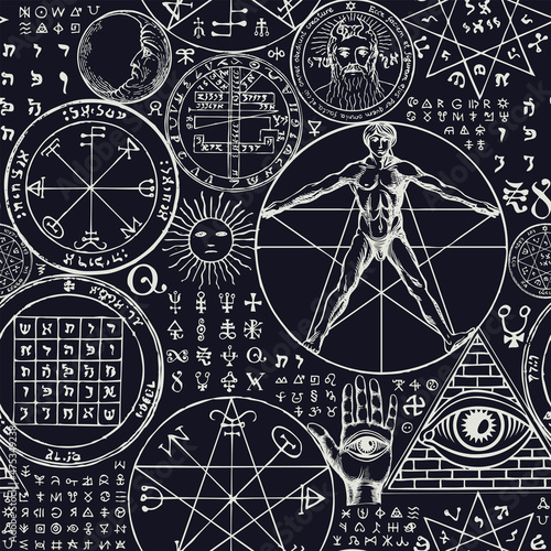 Abstract seamless pattern with hand-drawn vitruvian man, pentacle, all-seeing eye, sun, moon, mystic and esoteric symbols on black backdrop. Monochrome vector background in retro style. Chalk drawings