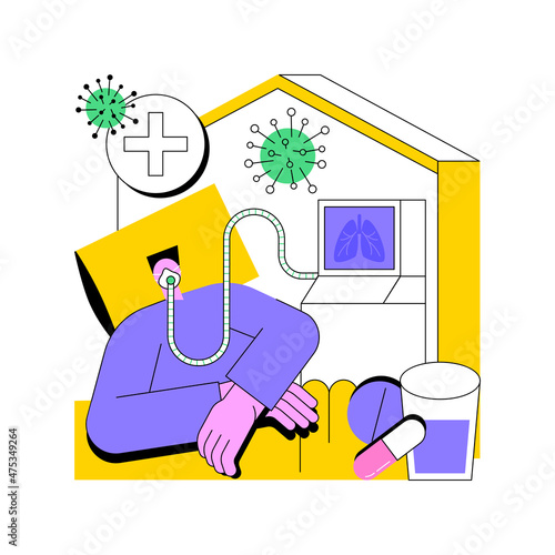 Coronavirus treatment abstract concept vector illustration. Self-quarantine measures, covid-19 treatment at home, intensive therapy, wearing a mask, medicine, lung ventilation abstract metaphor.