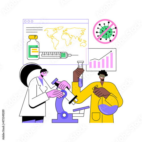 Coronavirus vaccine abstract concept vector illustration. News tracker, find and test vaccine, coronavirus vaccination program, medical laboratory team, scientific research abstract metaphor.