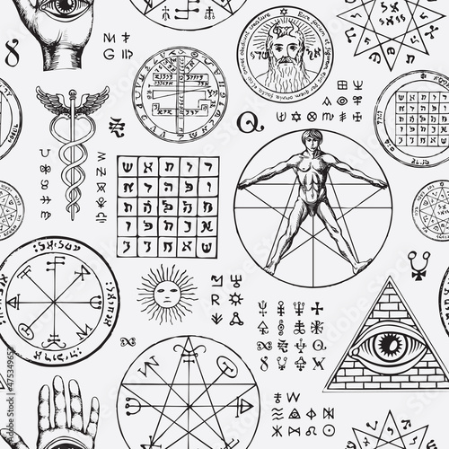 Abstract seamless pattern with hand-drawn vitruvian man, all-seeing eye, caduceus, sun, moon, pentacle, mystic and esoteric symbols on a light backdrop. Monochrome vector background in retro style photo