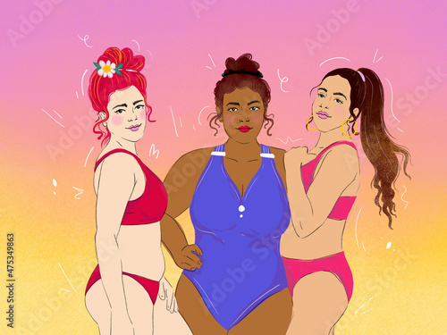 portrait of 3 young women posing in swimsuit and bikini