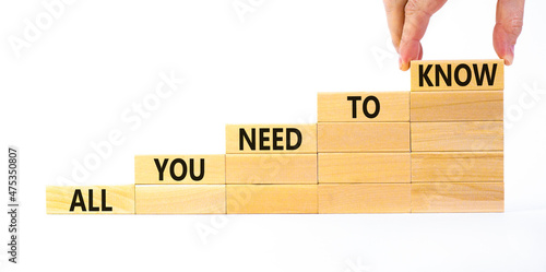 All you need to know symbol. Wooden blocks with words All you need to know on beautiful white background, copy space. Businessman hand. Business, all you need to know concept.