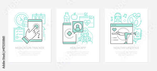 Health app - modern line design style banners set