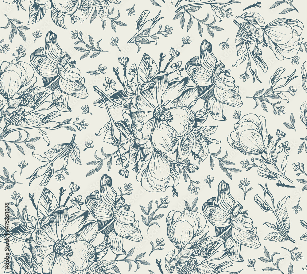 Seamless pattern. Dogrose Rosehip Wild rose. Beautiful fabric blooming realistic isolated flowers. Vintage background. Wallpaper baroque retro. Drawing engraving sketch. Vector victorian Illustration