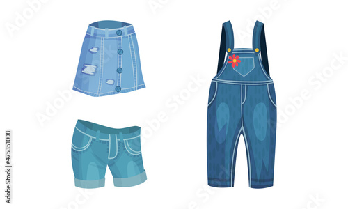 Fashionable denim clothes set. Shorts, skirt and jumpsuit, female blue jean casual outfit vector illustration