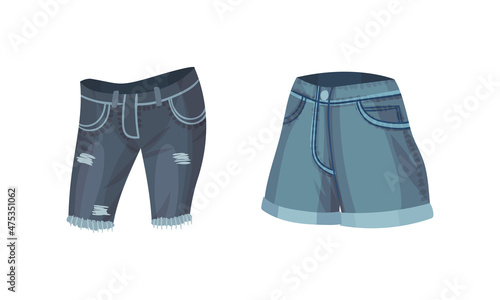 Fashionable denim clothes set. Blue jean shorts and skirt female casual outfit vector illustration