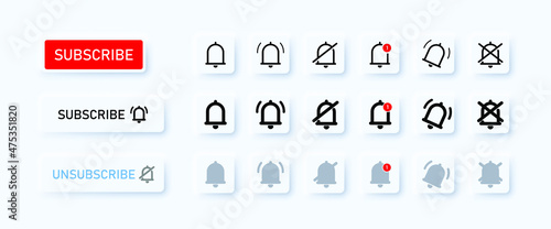Subscribe icon set. Notifications bell on and off. Neumorphism style. Vector line icon for Business and Advertising
