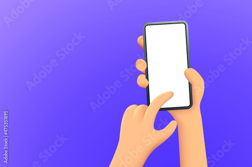Hand with a smartphone. 3D Vector Illustration. Realistic phone. Electronic device, smart phone. Can be used for topics such as mobile app. Vector line icon for Business and Advertising.