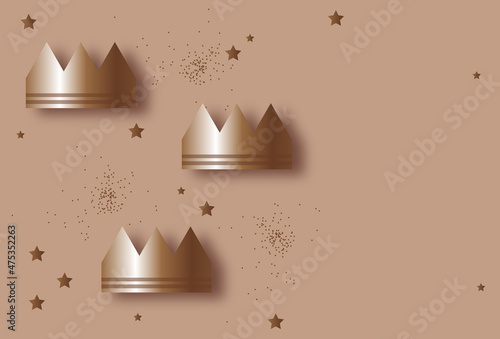 Three gold crowns for Traditional Three King's Day of January 6, holiday background vector illustration