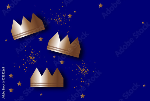 Three gold crowns for Traditional Three King's Day of January 6, holiday background vector illustration