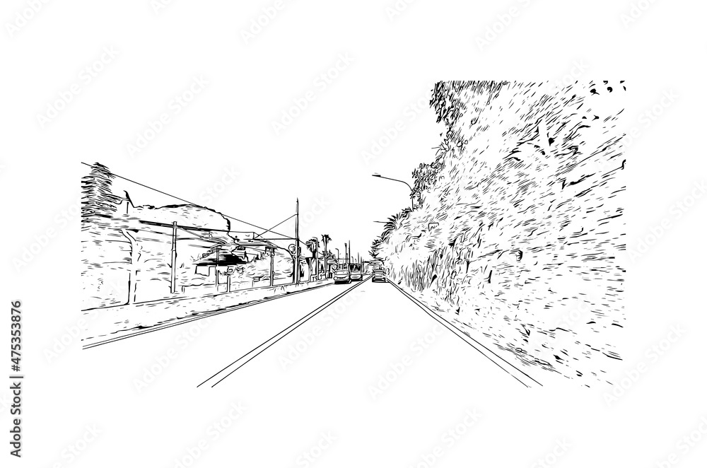 Building view with landmark of Loano is the 
comune in Italy. Hand drawn sketch  illustration in  vector.