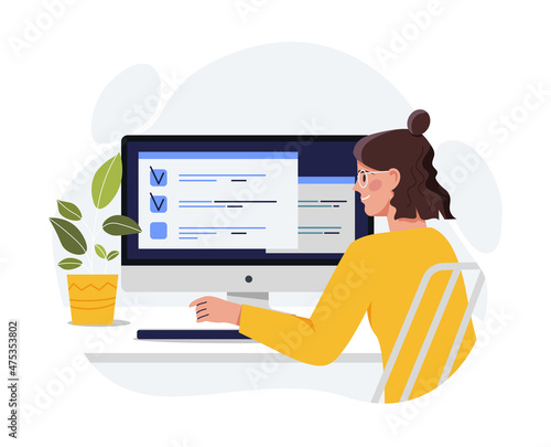 Woman filling form. Character sitting at computer. Freelancer or coworker, employees workplace. Girl provides her data to company, authorization or registration. Cartoon flat vector illustration