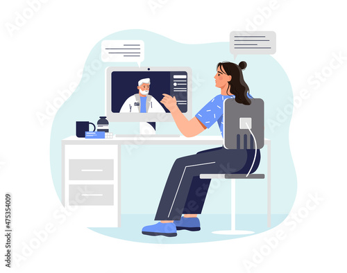 Telehealth doctor consultation. Girl sits in front of monitor. Doctor uses Internet to diagnose patient and choose appropriate treatment. Modern technologies, health. Cartoon flat vector illustration