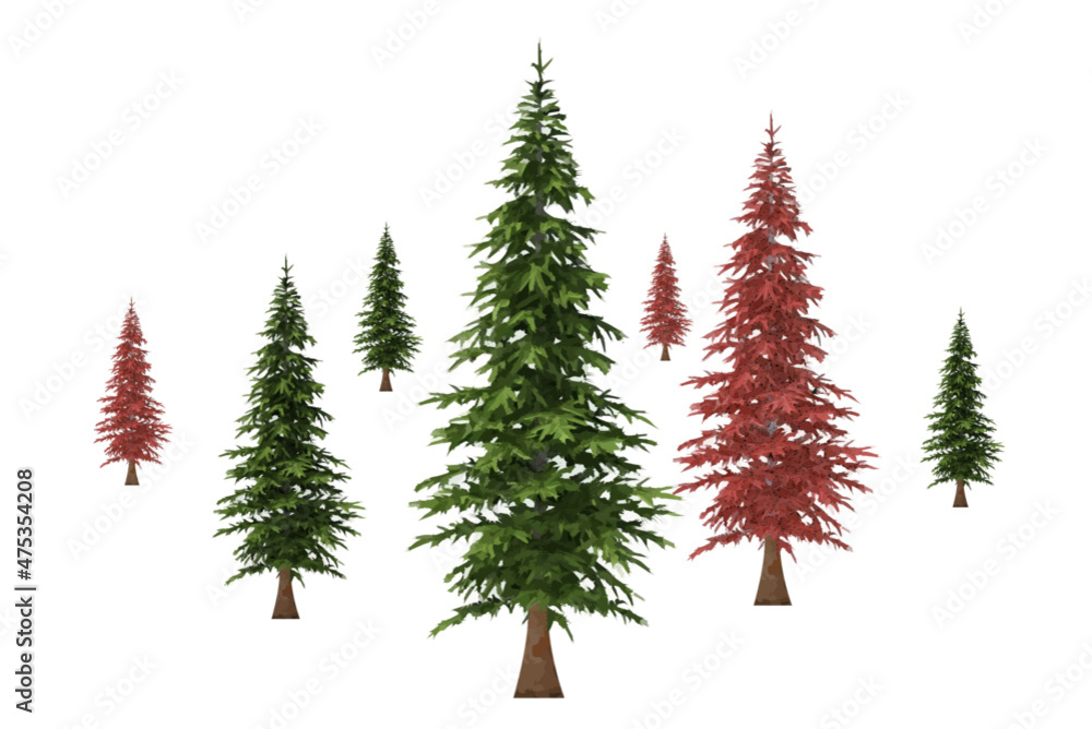 Vector pine trees. Green and red.