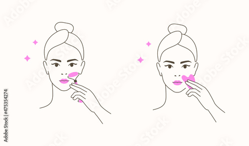 Beautiful girl take care of her face . Woman making skincare procedures with gua sha. Skin care routine, facial massage. Flat vector Illustration icon set
