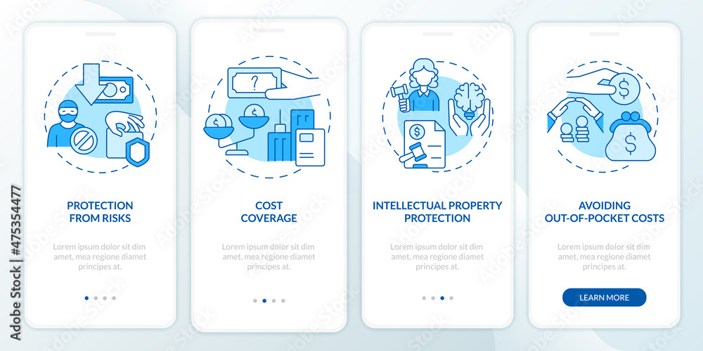 Insurance importance blue onboarding mobile app screen. Coverage ...