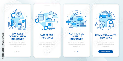 Coverage types blue onboarding mobile app screen. Assurance walkthrough 4 steps graphic instructions pages with linear concepts. UI, UX, GUI template. Myriad Pro-Bold, Regular fonts used