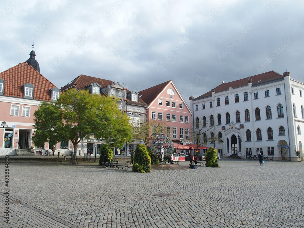Market square and historic buildings in Waren, Mecklenburg-Western Pomerania, Germany