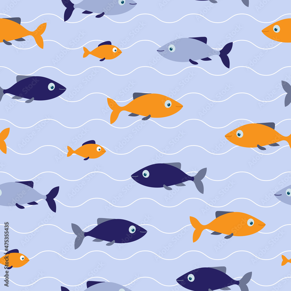 Blue and orange fishes seamless pattern with waves on blue background. Good for textile, paper, background, scrapbooking.