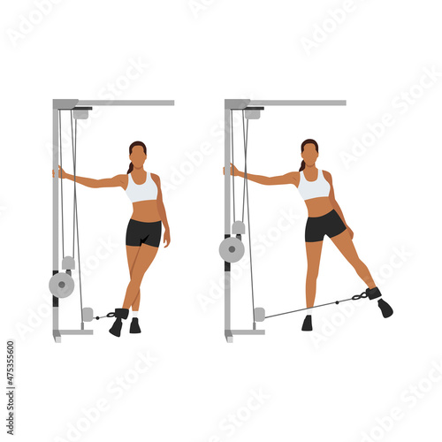 Woman doing Cable hip abduction. Adduction exercise. Flat vector illustration isolated on white background