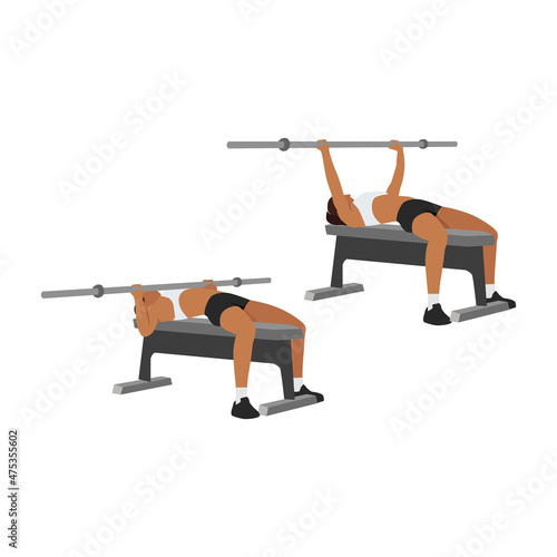 Woman doing Barbell bench press. Chest press exercise. Flat vector illustration isolated on white background