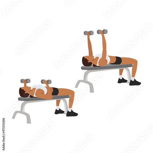 Woman doing Dumbbell flat bench press exercise. Flat vector illustration isolated on white background