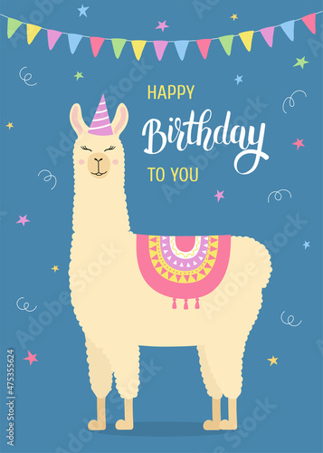 Happy birthday greeting card with cute llama. Funny alpaca with birthday hat. Template for nursery design, poster, birthday card, invitation, baby shower and party decor.