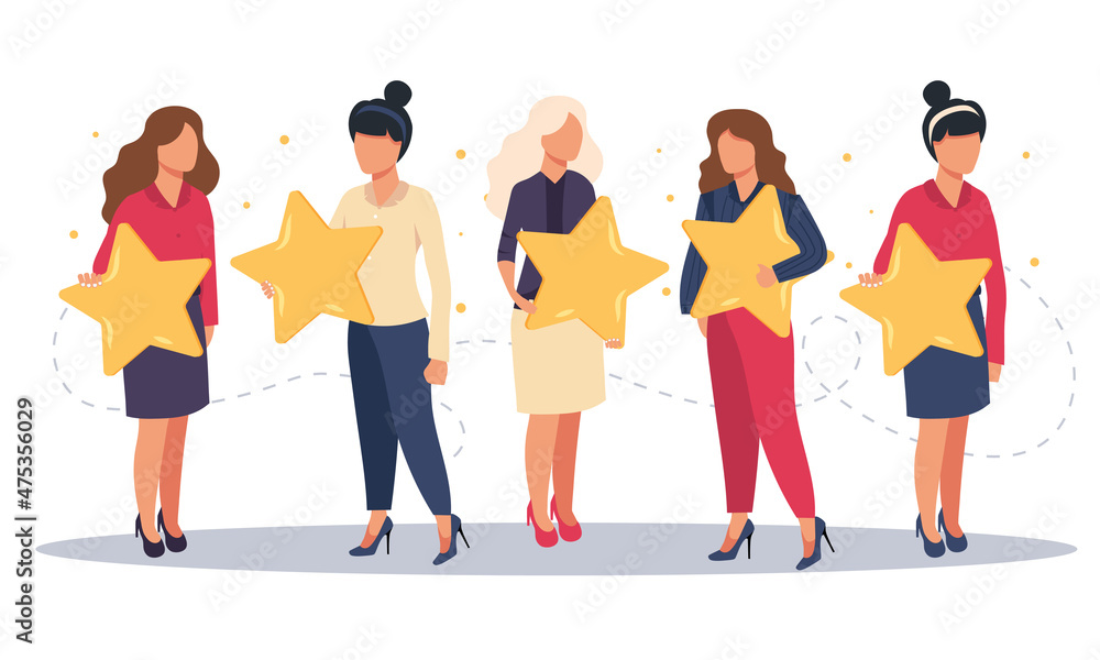 Obraz premium Concept of feedback, testimonials messages and notifications. Rating on customer service illustration. Five big stars with people sitting on them and giving reviews on their lap tops. Flat vector