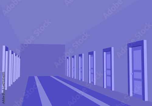 Hotel, clinic or hostel hall with violet or very peri color. Corridor with doors in perspective view.