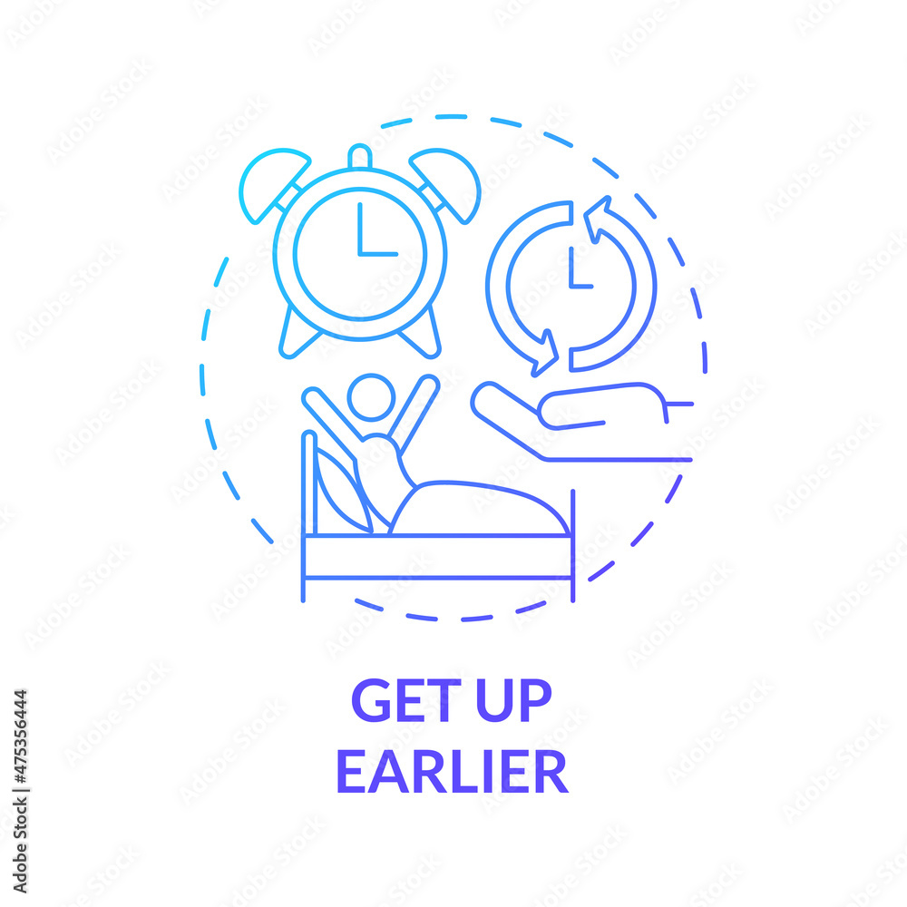 Get up earlier blue gradient concept icon. Wakeup early morning. Healthy lifestyle abstract idea thin line illustration. Isolated outline drawing. Roboto-Medium, Myriad Pro-Bold fonts used Get up earlier blue gradient concept icon. Wakeup early morning. Healthy lifestyle abstract idea thin line illustration. Isolated outline drawing. Roboto-Medium, Myriad Pro-Bold fonts used