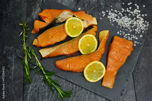 Fresh raw salmon steak with ingredient prepared for cooking