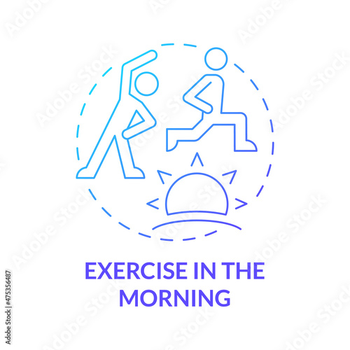 Exercise in morning blue gradient concept icon. Fitness for healthy lifestyle abstract idea thin line illustration. Isolated outline drawing. Roboto-Medium, Myriad Pro-Bold fonts used