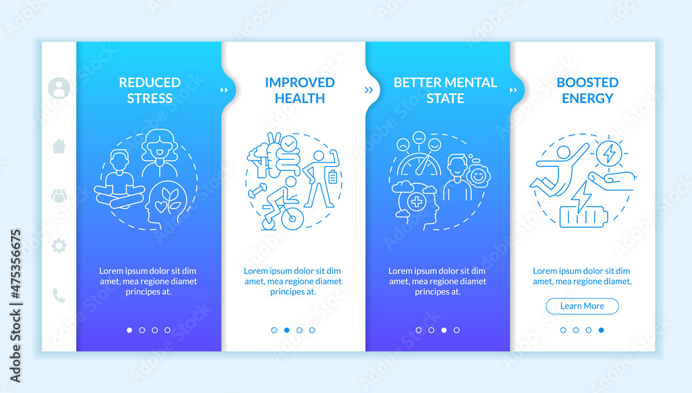 Benefits of life balance blue gradient onboarding template. Wellbeing tips. Responsive mobile website with linear concept icons. Web page walkthrough 4 step screens. Lato-Bold, Regular fonts used