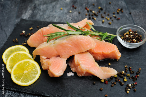 Fresh raw salmon steak with ingredient prepared for cooking