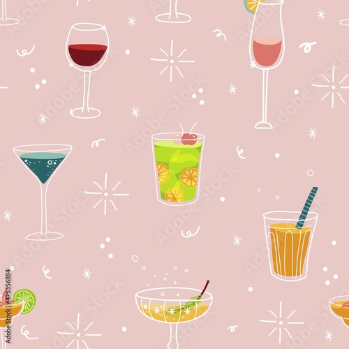 Club cocktails drinking night out vector seamless pattern, bar refreshment illustration, event celebration