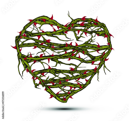Hand drawn vector concept illustration of briar patch heart with stems and thorns.