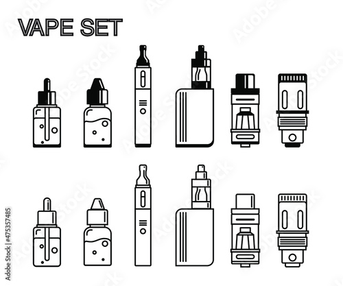 Vape set, e-cigarette minimalist line icons in flat style. Isolated black on white background.