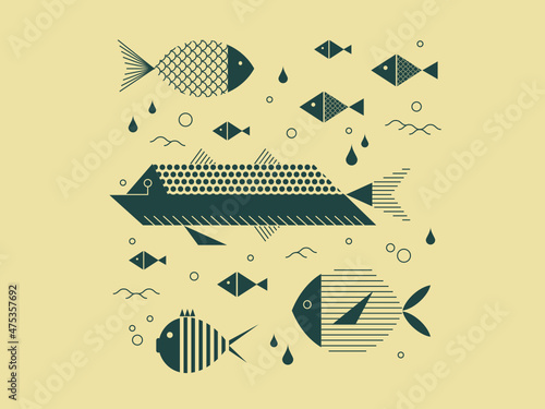 Set of graphic and stylized fish. Vector illustration of a small aquatic world. 