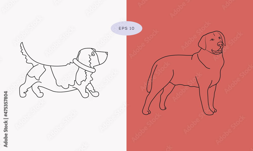 Collection in different poses in free hand drawing Vector illustration style, Single line drawing of dog. Outline drawing of dog. Minimalist One Line Animals icon.
