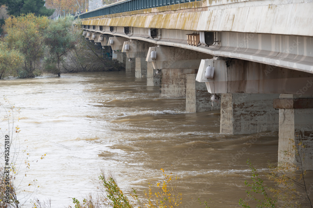 flood in the ebro river,bridge in the city of zaragoza,spain Stock