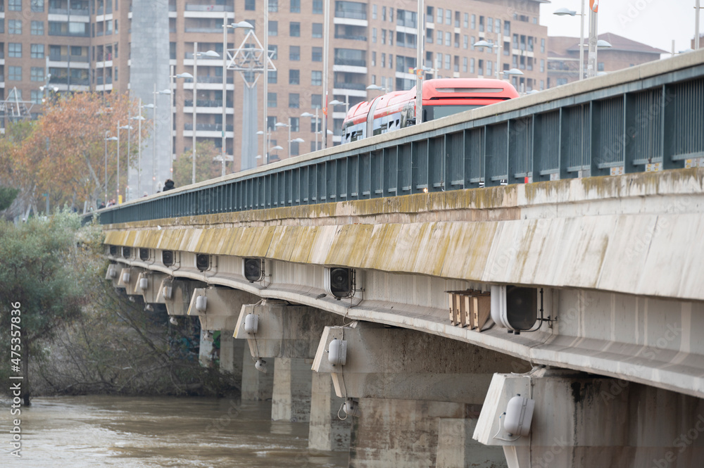 flood in the ebro river,bridge in the city of zaragoza,spain