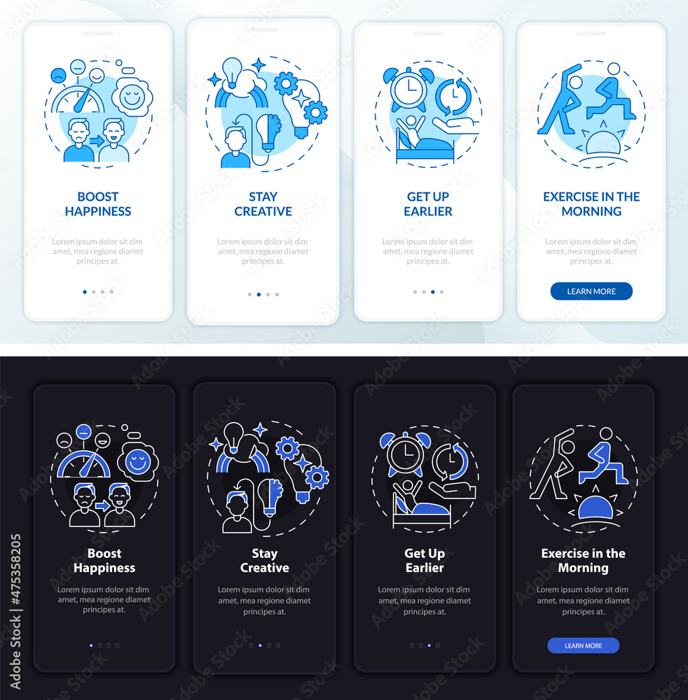 Balanced life idea night and day mode onboarding mobile app screen ...