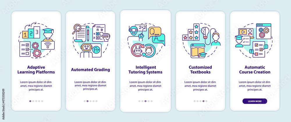 Automation of education onboarding mobile app screen set. AI walkthrough 5 steps graphic instructions pages with linear concepts. UI, UX, GUI template. Myriad Pro-Bold, Regular fonts used