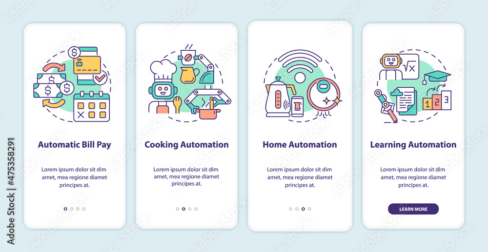 Everyday life automation onboarding mobile app screen. Automatic system walkthrough 4 steps graphic instructions pages with linear concepts. UI, UX, GUI template. Myriad Pro-Bold, Regular fonts used Everyday life automation onboarding mobile app screen. Automatic system walkthrough 4 steps graphic instructions pages with linear concepts. UI, UX, GUI template. Myriad Pro-Bold, Regular fonts used