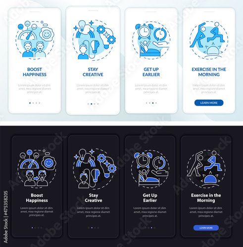 Balanced life idea night and day mode onboarding mobile app screen. Tips walkthrough 4 steps graphic instructions pages with linear concepts. UI, UX, GUI template. Myriad Pro-Bold, Regular fonts used