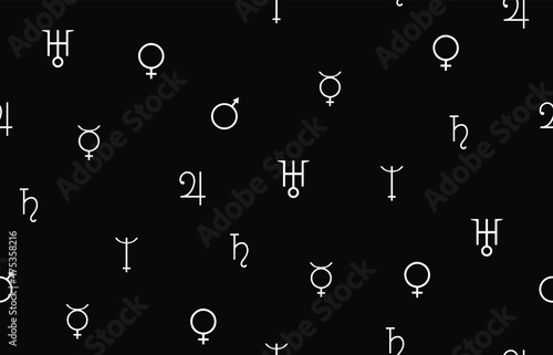 Black and white horoscope symbols vector seamless pattern.